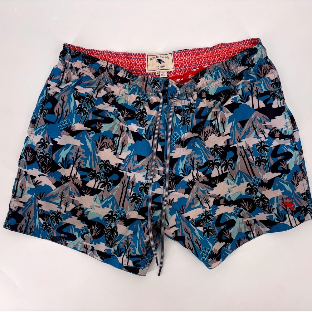 Ted Baker London Mens Blue Tropical Palm Tree Print Swim Trunks Size 4 Large